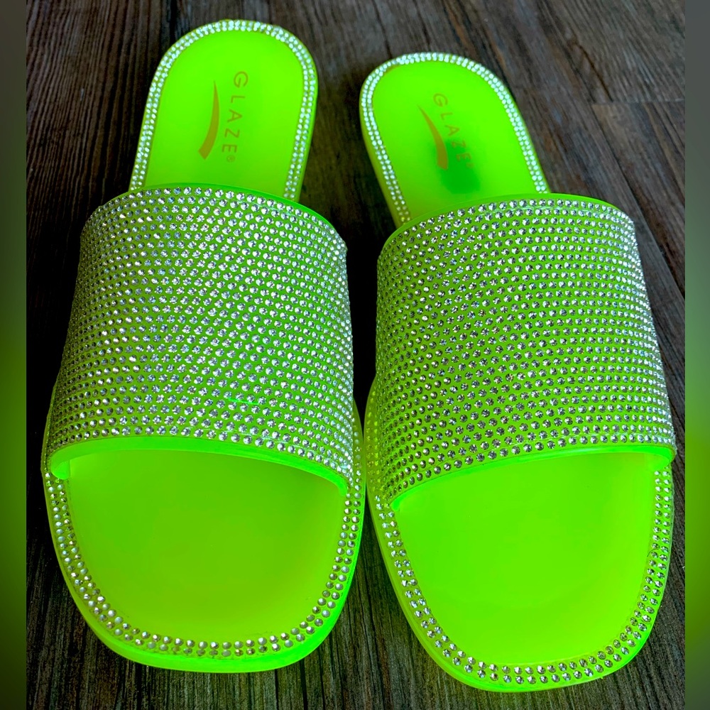 Glaze “Bow - 2” lime green slides sandals slippers with rhinestones!